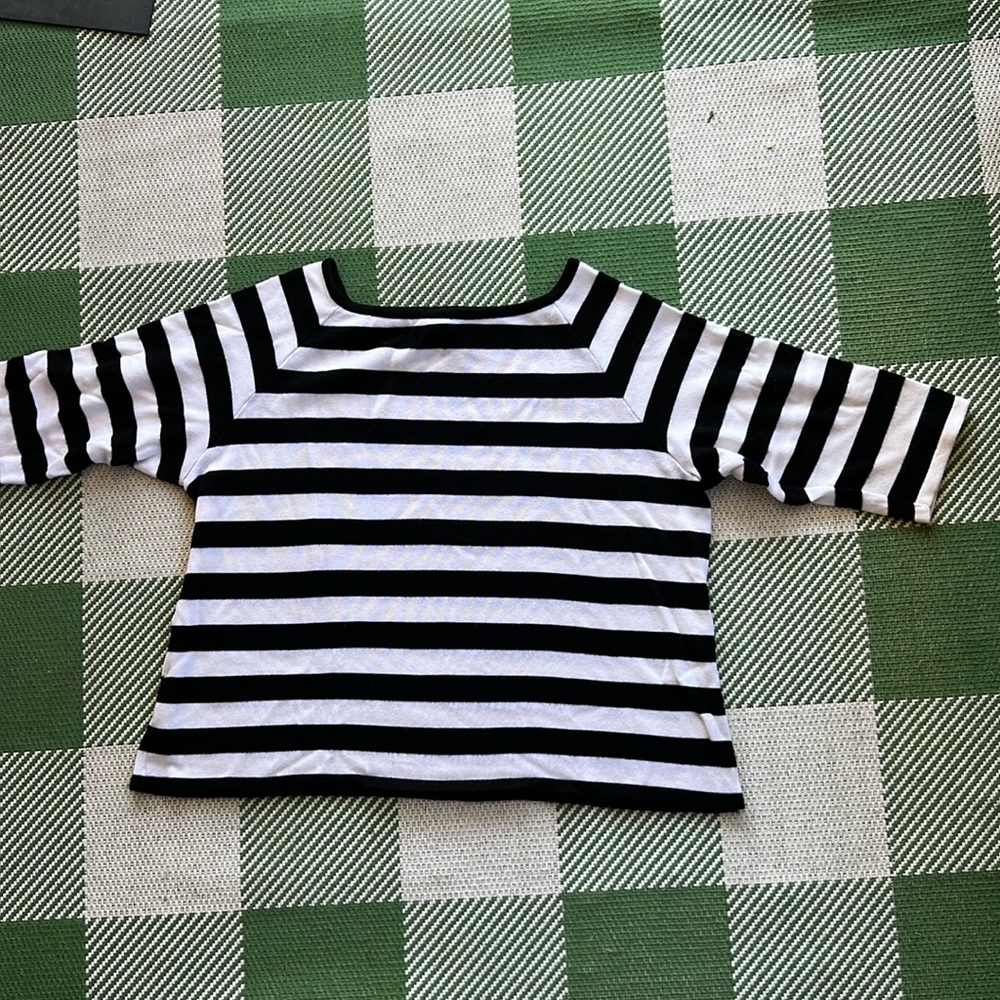 Nina Leonard square neck 3/4 length sleeve black & white striped sweater.